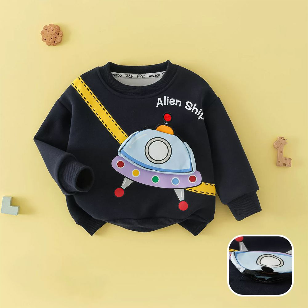 棉質趣味立體長袖上衣-外星船-深藍