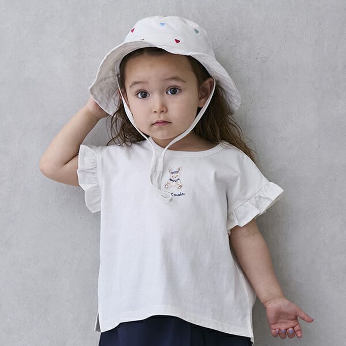 日本 petit main - 可愛荷葉袖短袖上衣-兔兔-白