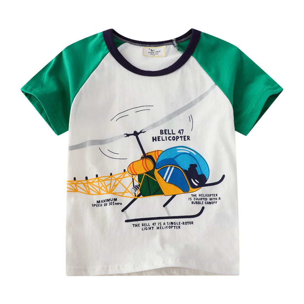 棉質圓領短袖上衣-直升機-拼袖綠