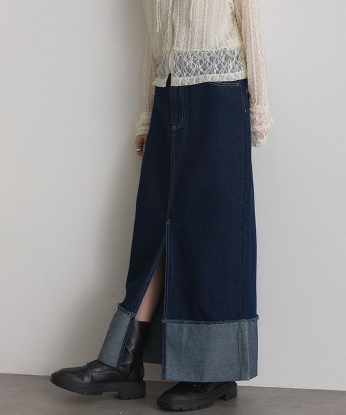 日本 ELENCARE DUE - 10oz抽鬚摺邊俐落前開叉牛仔長裙-海軍藍