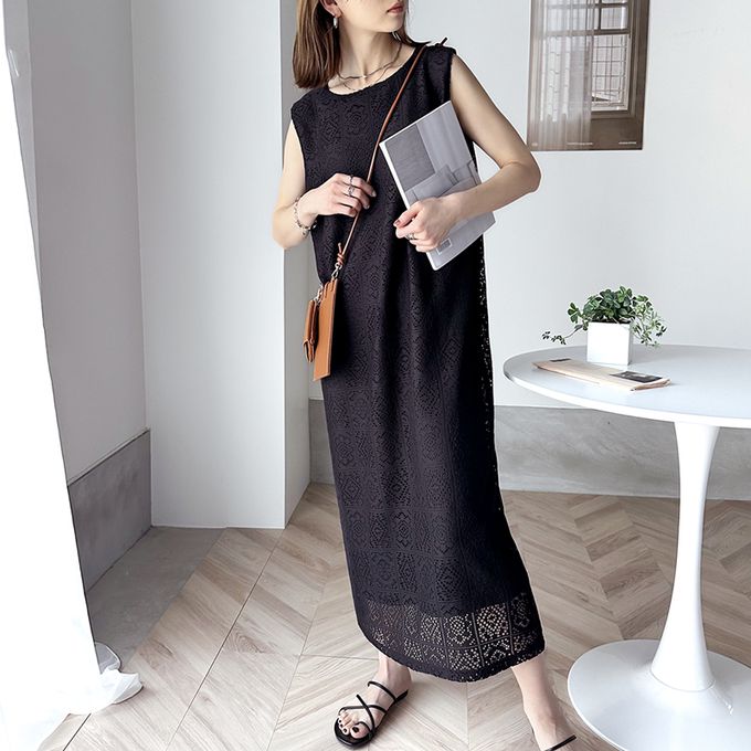 日本 Classical Elf - 2WAY幾何花朵鉤針背心裙/洋裝-黑