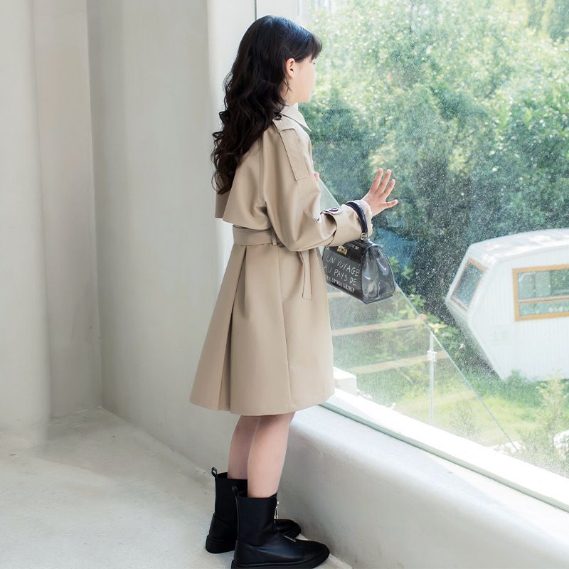 英倫風氣質長版風衣外套-杏色