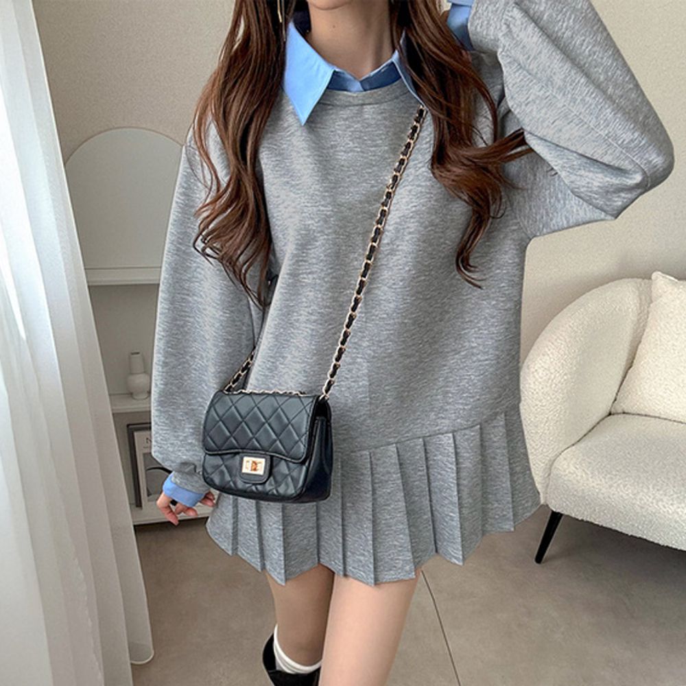 假二件襯衫領可愛百褶長袖洋裝-灰 (F)