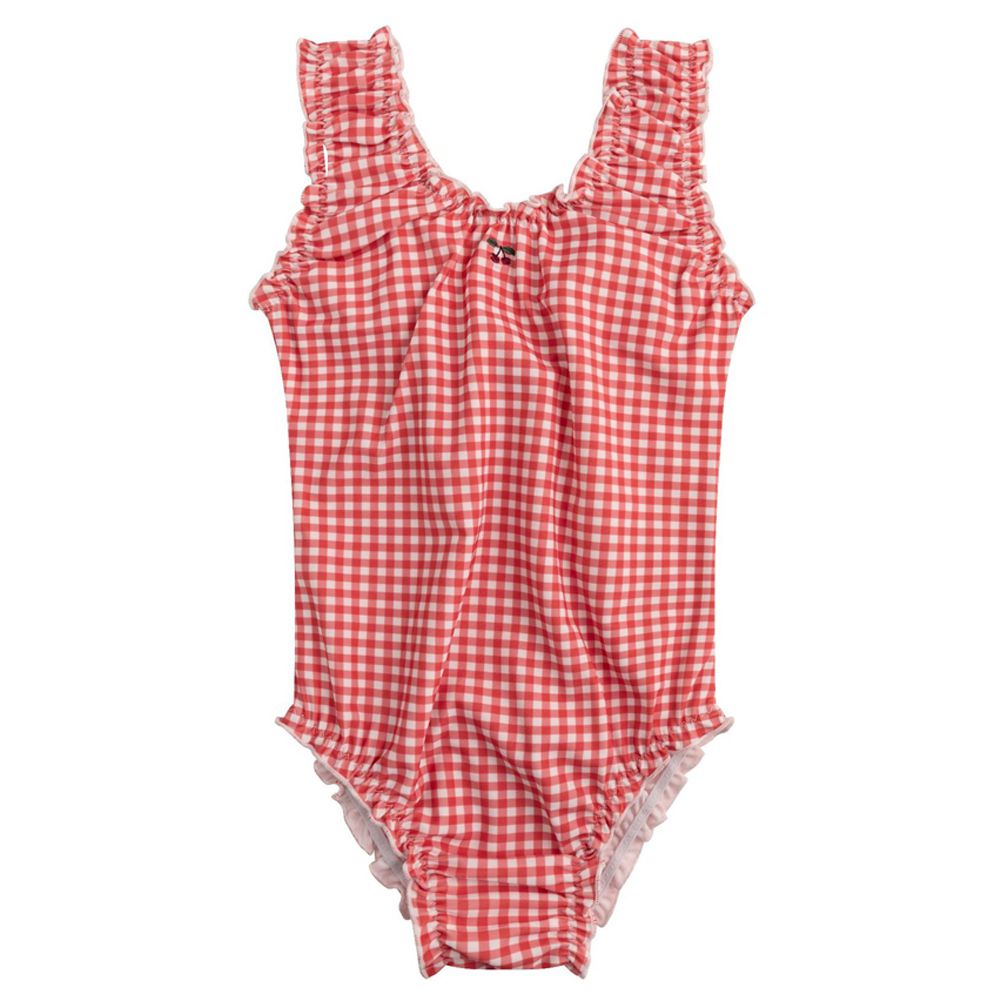 UPF50+U型連身泳裝(附泳帽)-紅格紋