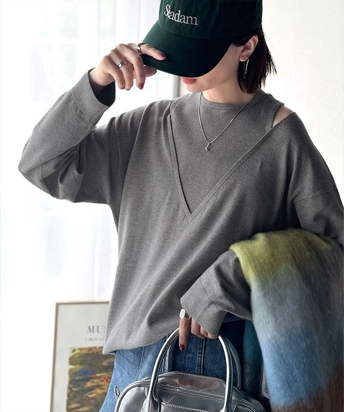 日本 Classical Elf - 假二件疊穿時尚露肩長袖上衣-灰