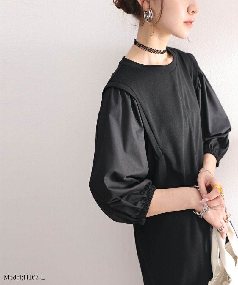 日本 Classical Elf - 優雅泡泡拼接袖修身洋裝-黑x黑