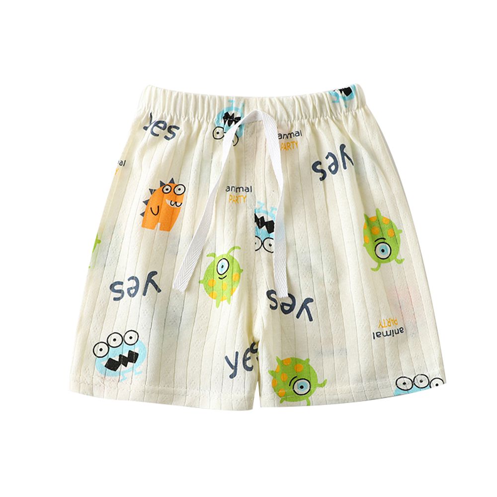 純棉短褲 兒童短褲 褲子可開檔換尿布-滿版-白底怪獸