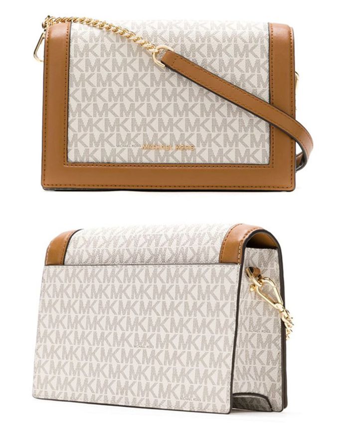 MICHAEL KORS - 滿版LOGO翻蓋皮革斜背包 (香草白駝)