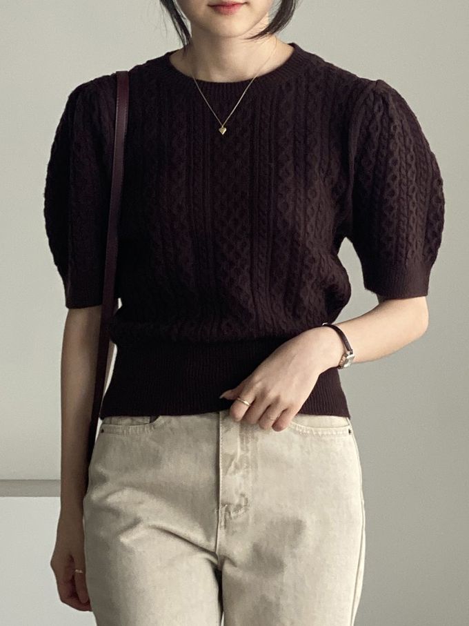 韓國女裝連線 - 麻花辮編織五分袖針織上衣-咖啡紅 (FREE)