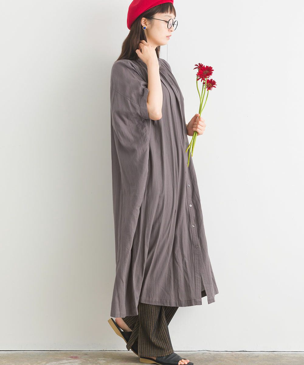 日本女裝代購 - 100%印度棉 文藝感排扣五分袖洋裝-米白