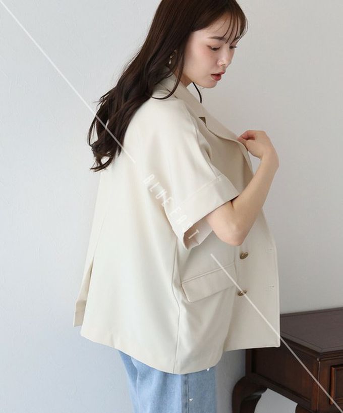 日本 BLUE EAST - 亞麻感氣質金釦短袖西裝外套-象牙白