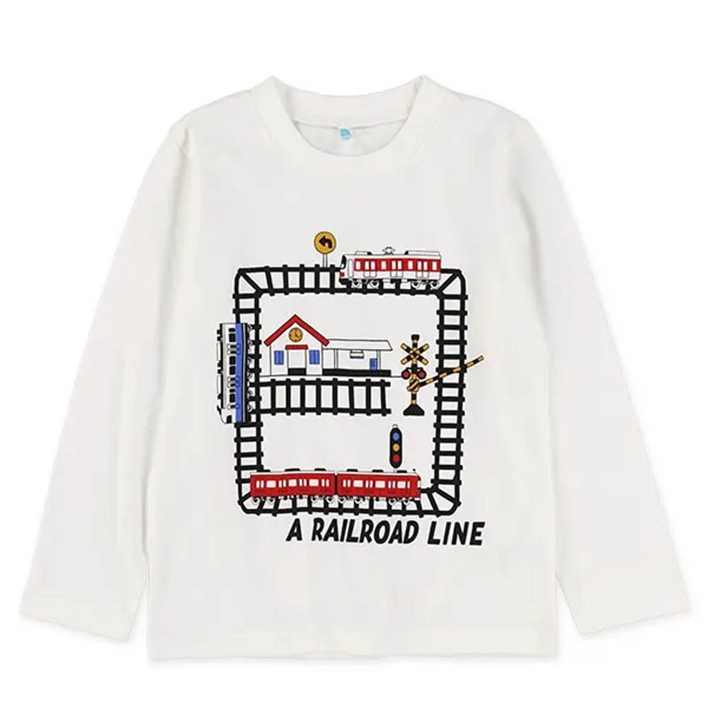 純棉鐵道電車印花長袖上衣-白