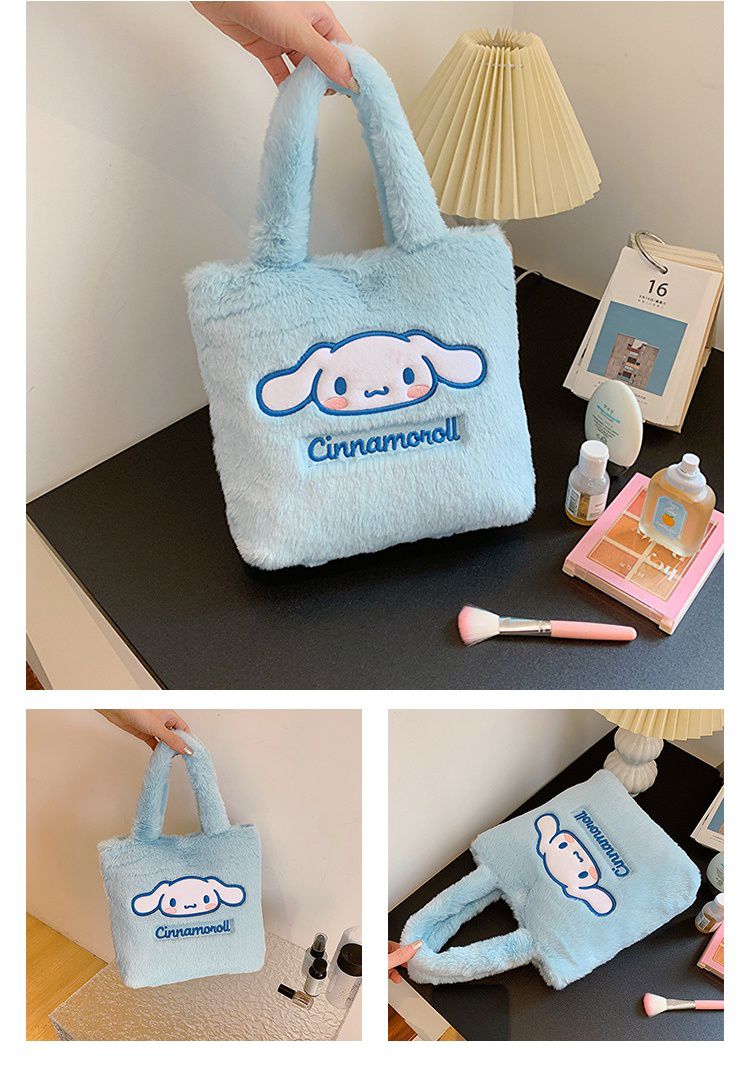 卡通毛茸茸大容量手提袋-卡通人物Hello Kitty-白色 (30x10x(27+17)cm)