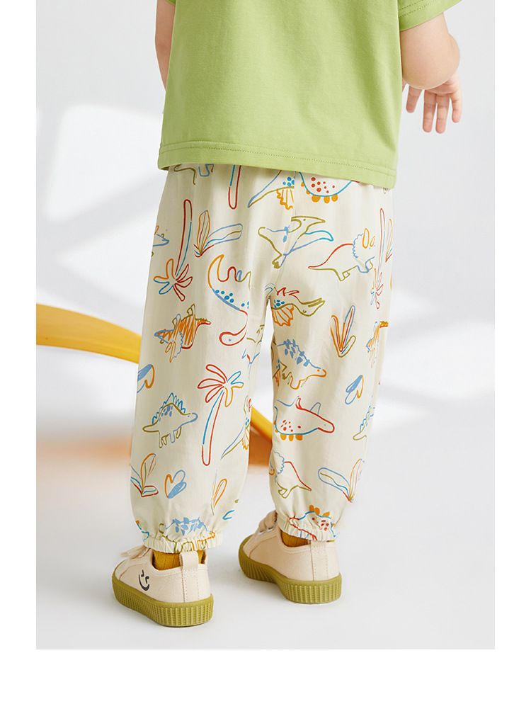 天絲棉腰鬆緊休閒防蚊褲/長褲-怒吼小恐龍-綠色