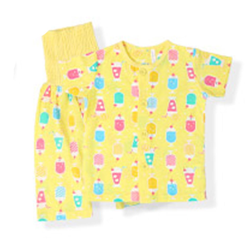 日本 ZOOLAND - 涼感 100%棉腹卷家居服(短袖+七分褲)-清涼冰品-黃