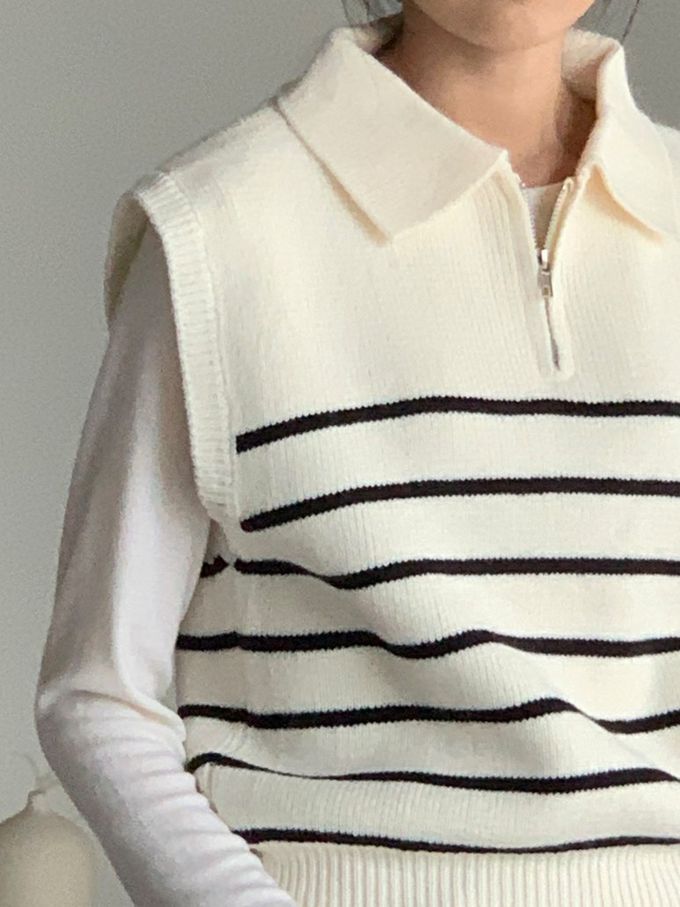 韓國女裝連線 - 拉鍊翻領條紋針織背心-米白 (FREE)