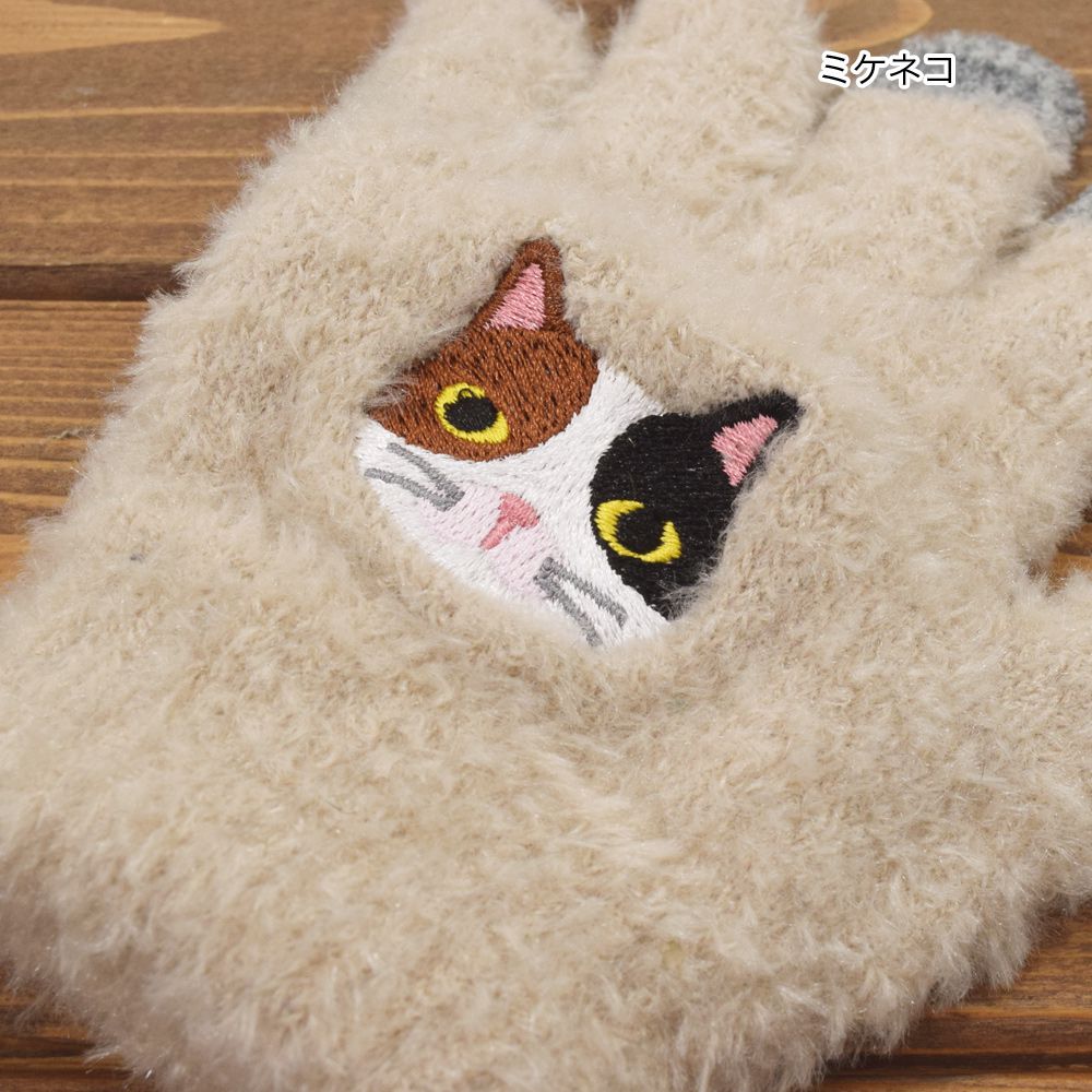 日本 TOMO - 兒童可觸控短絨保暖手套-花貓-米杏