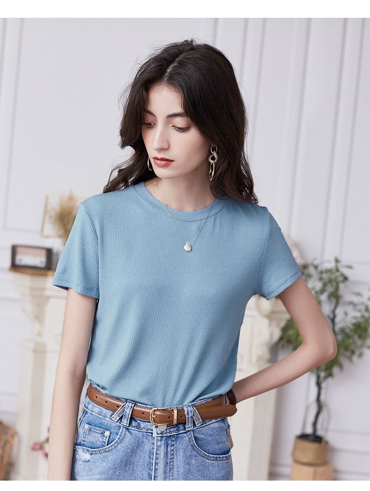 慵懶格調圓領短袖上衣-淺紫色 (M)