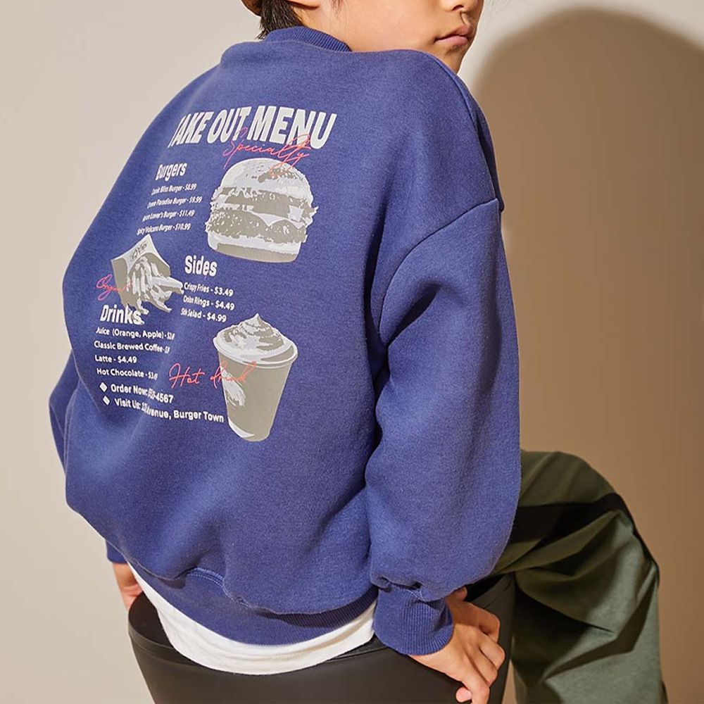 裏起毛個性印花大學T-漢堡套餐-藍紫