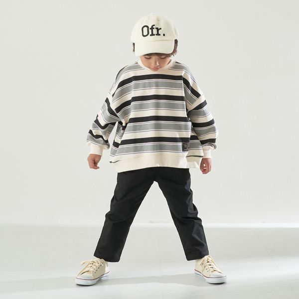 日本 b-ROOM - 裏起毛亮色系大落肩條紋上衣-黑灰系