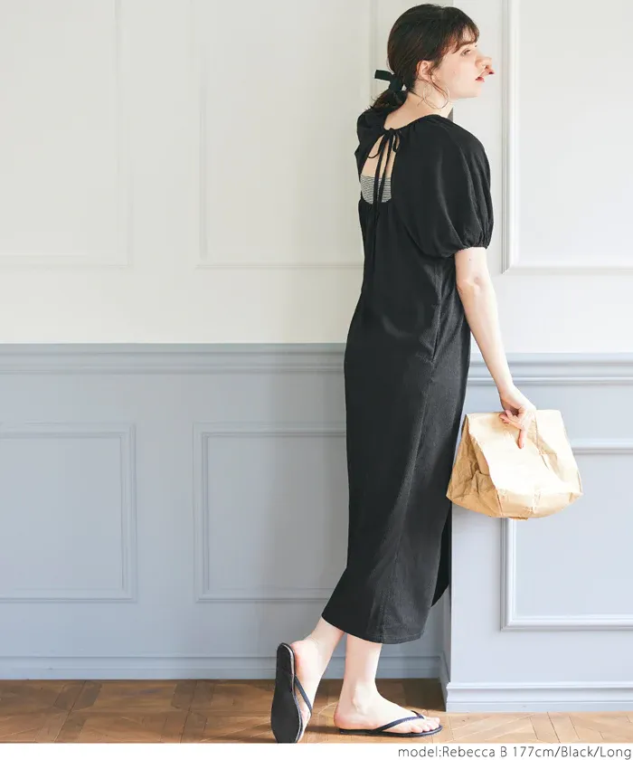 日本 COCA - 甜美後綁帶短袖洋裝-卡其