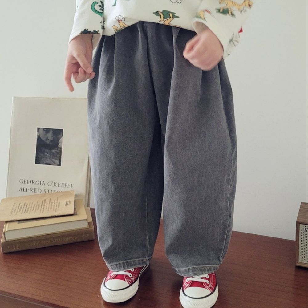 Peanuts House 鬆緊腰抓褶感丹寧哈倫丹寧褲-鐵灰