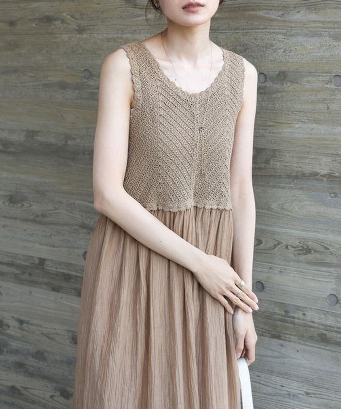 日本 Bab - 夏日氛圍鉤針縐紗背心裙-藍x棕