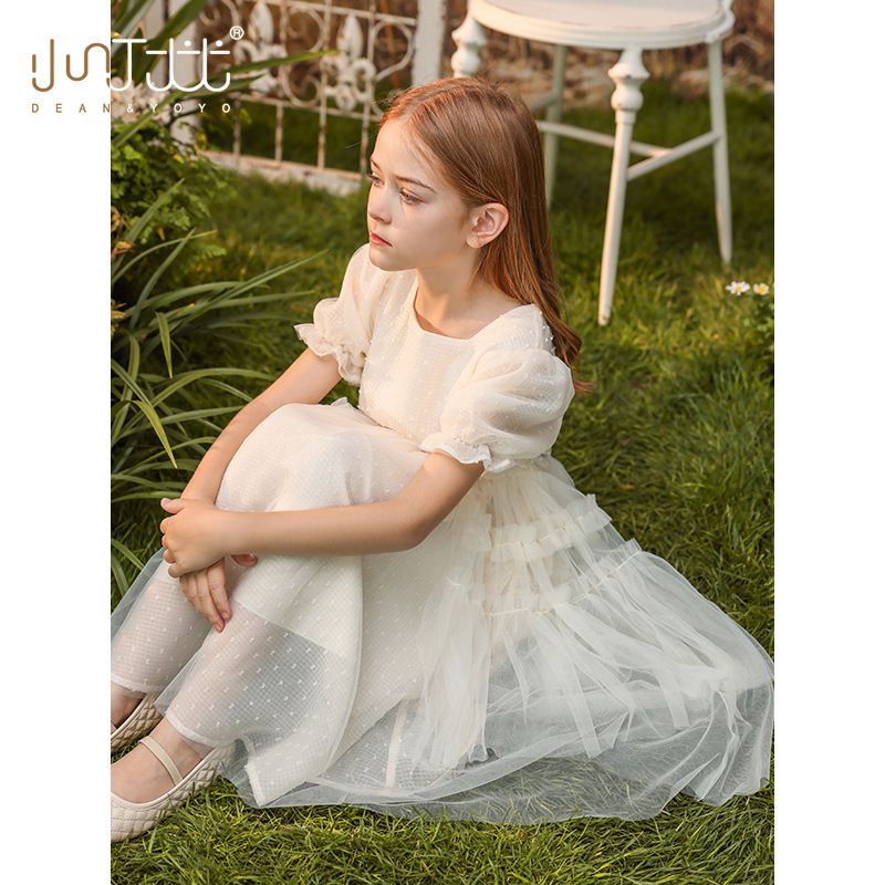 Little Deeyoo - 方領公主袖網紗蛋糕連身洋裝-米白色