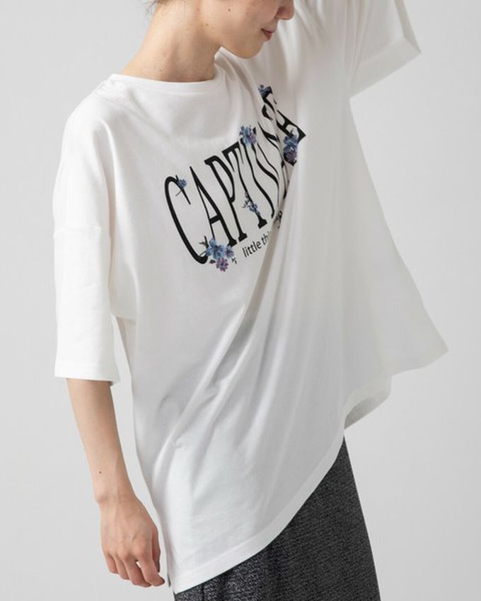 日本 gleam - 花朵刺繡英文標語天竺棉短袖T恤-白