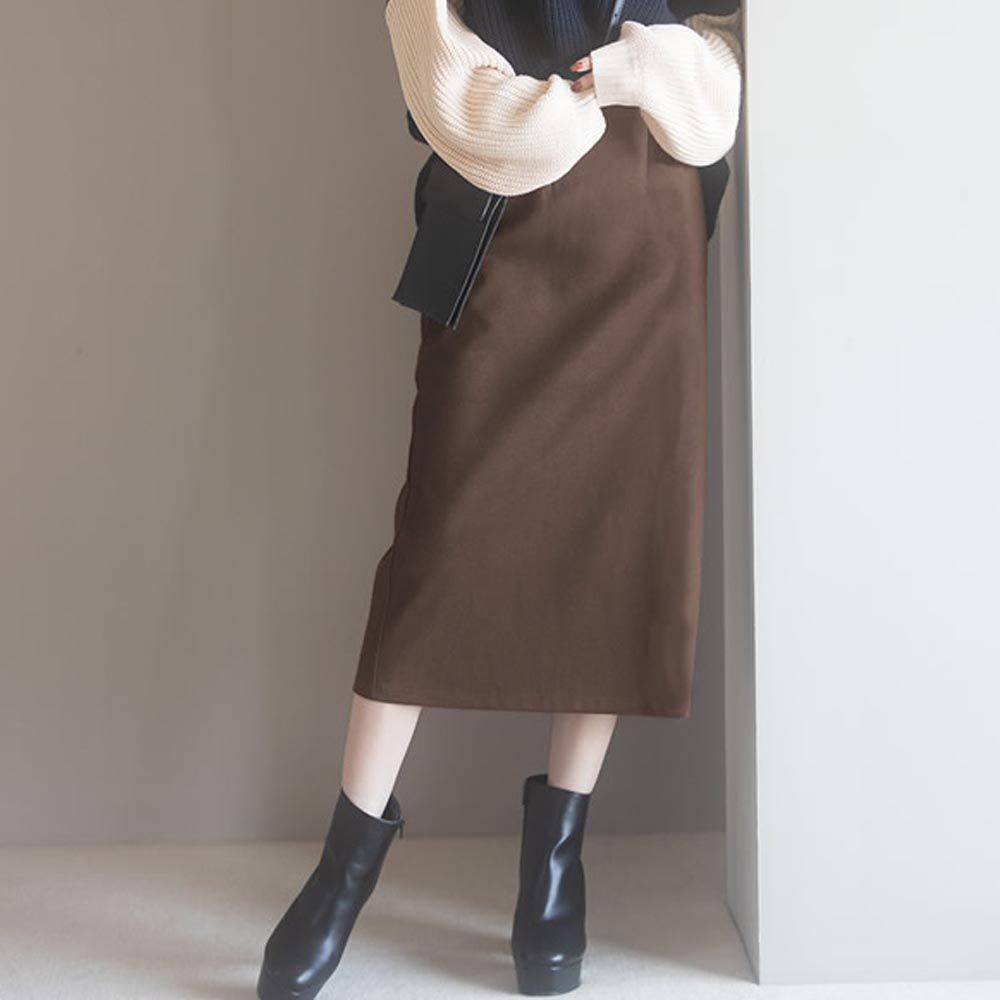 日本 GRL - 麂皮感後開衩修身直筒裙/長裙-咖啡棕