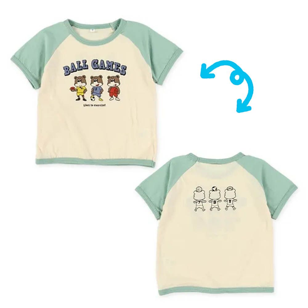 可愛小熊三人組短袖上衣-運動員-米黃x薄荷綠