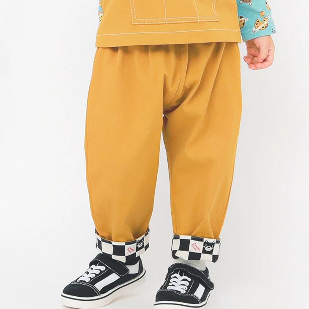 日本 ZOOLAND - 反折棋盤格寬版廓形長褲-披薩店logo-芥末黃
