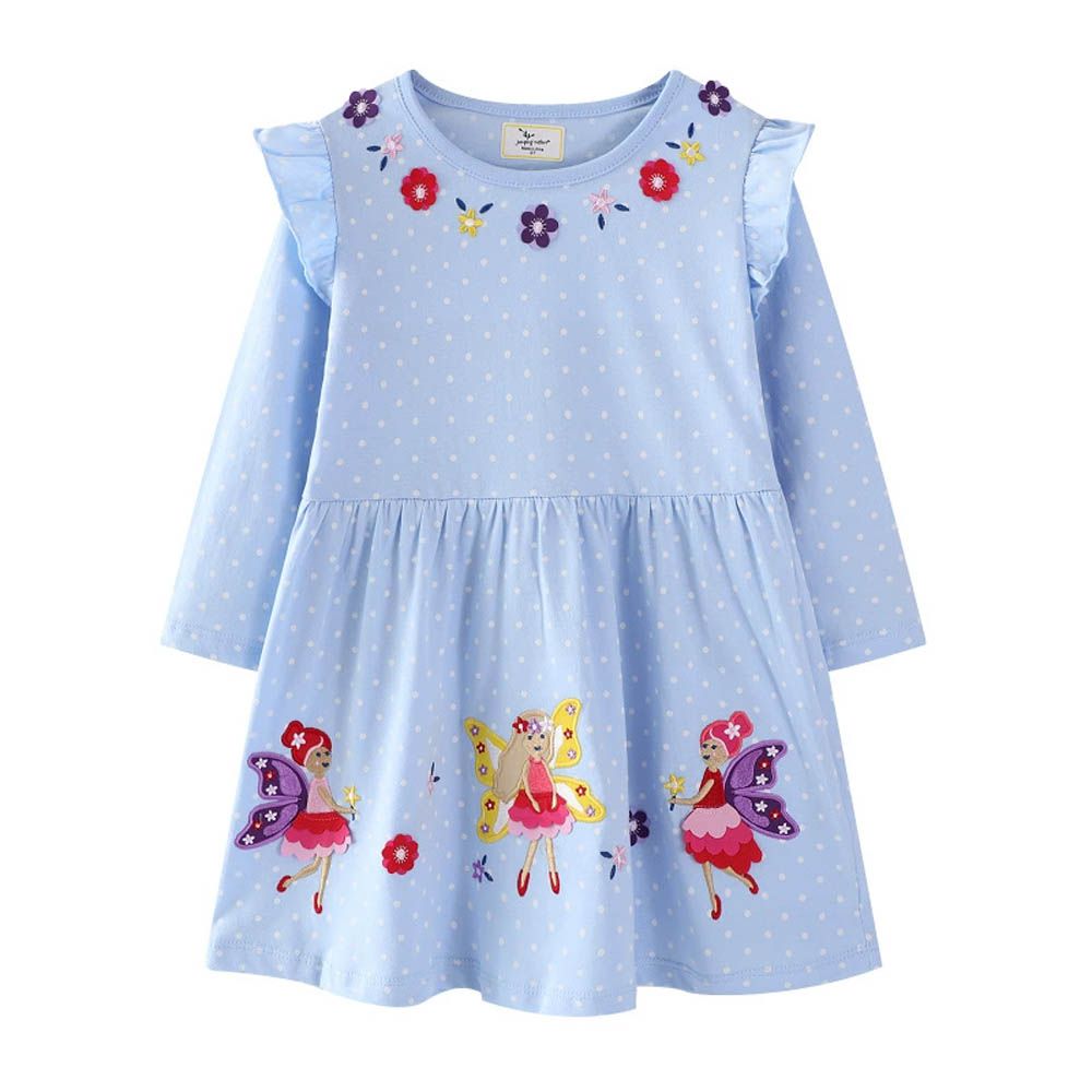 棉質圓領長袖連身洋裝-蝴蝶仙子-藍色點點