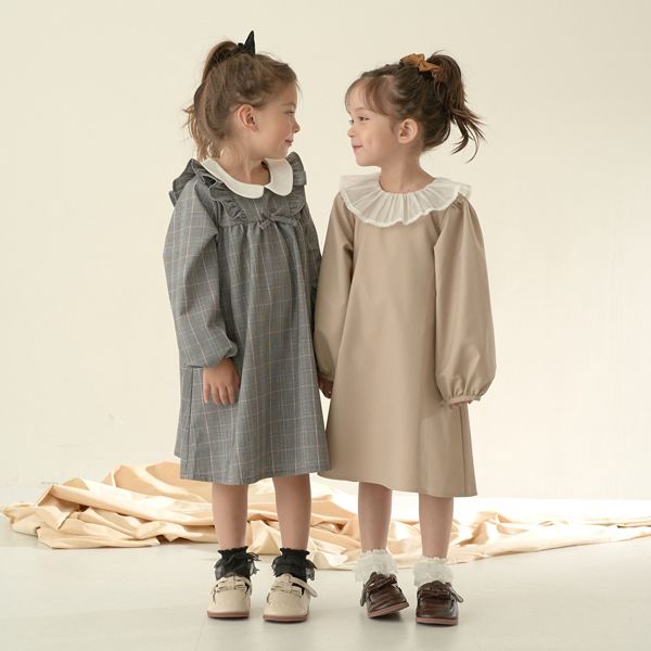 日本 Lycee mine - 薄紗領光澤面料長袖洋裝-粉紅