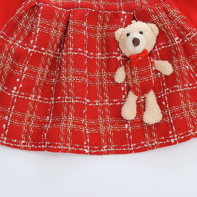 加厚翻領格紋連身裙-立體熊熊-紅色