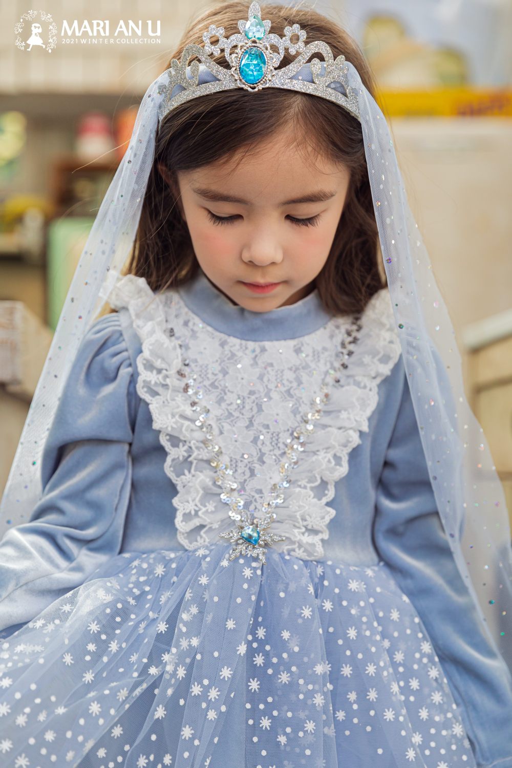 韓國 Mari an u - 雪的女王網紗洋裝-藍