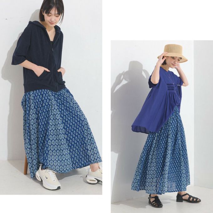 日本 OMNES - 100%印度棉 奢華印花飄逸感長裙-深藍