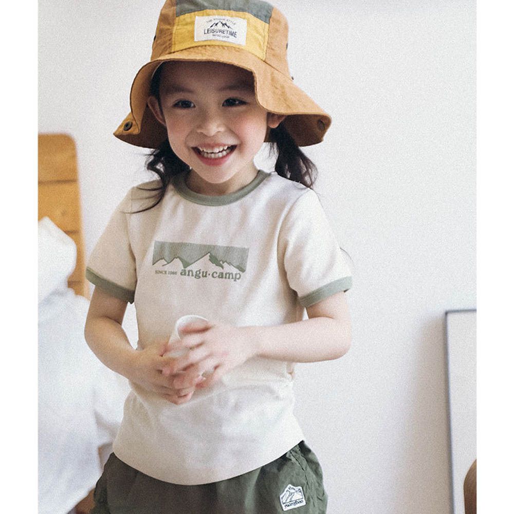 棉質圓領短袖上衣-撞色滾邊側抓皺-灰杏