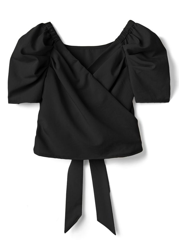 日本 GRL - 2way後腰綁帶交叉V領短袖澎澎上衣-時尚黑