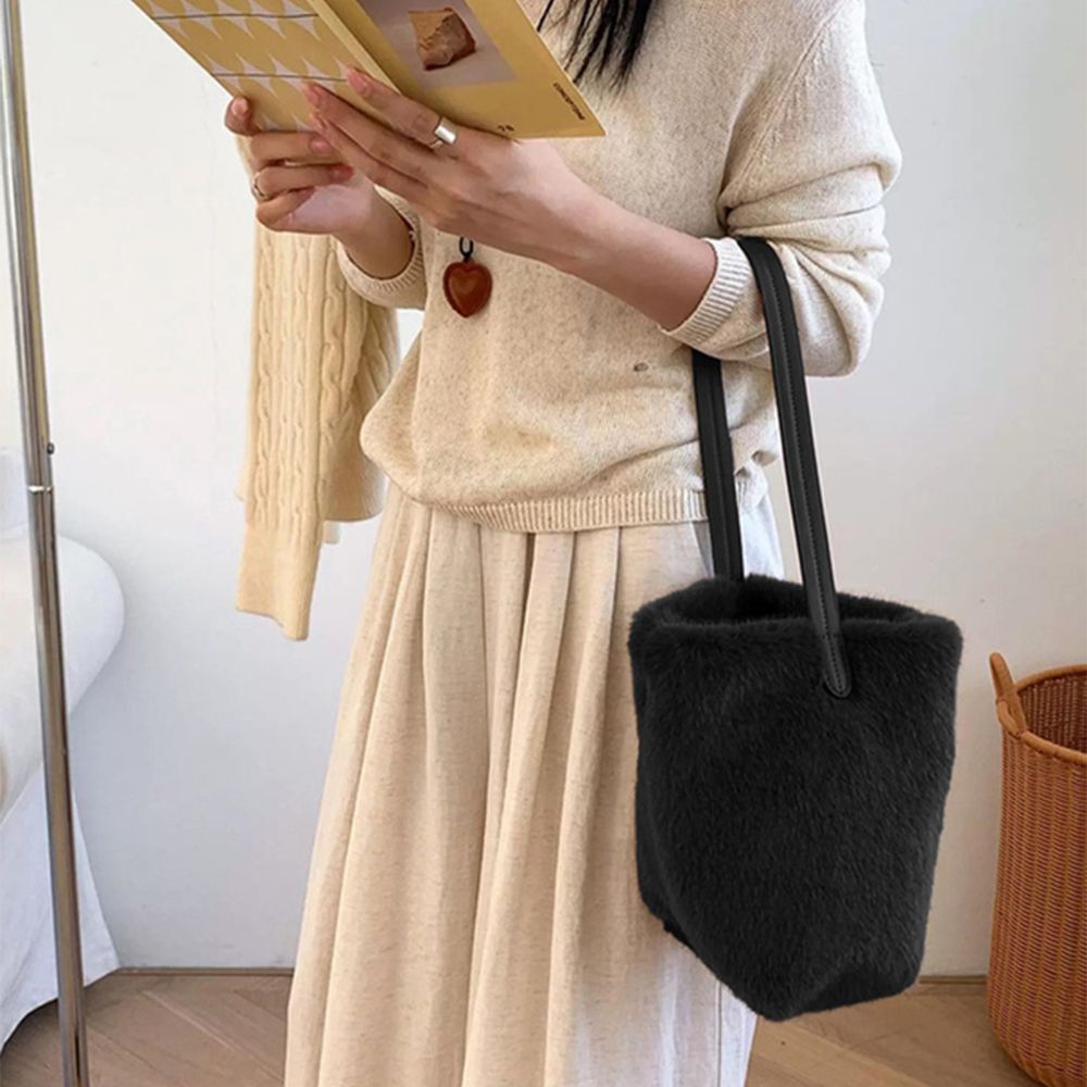 毛絨簡約優雅輕便手提包-黑 (F)