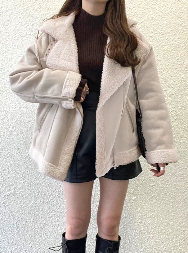 日本 GRL - 羊羔絨拼接寬版騎士夾克/外套-粉紫