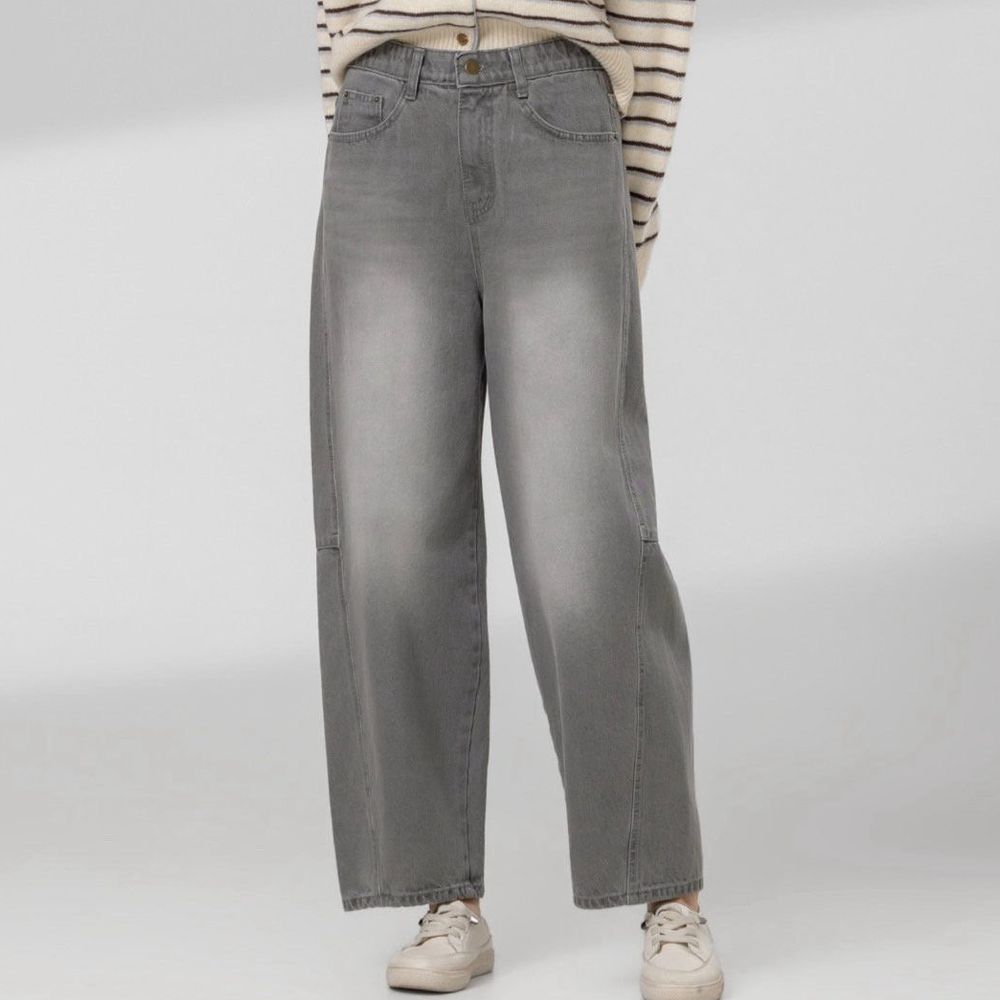 EDITION 彈性腰縫線拼接顯瘦丹寧哈倫褲-淺灰