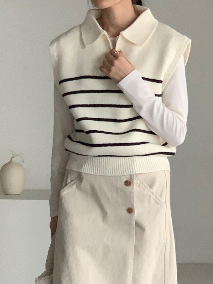 韓國女裝連線 - 拉鍊翻領條紋針織背心-米白 (FREE)