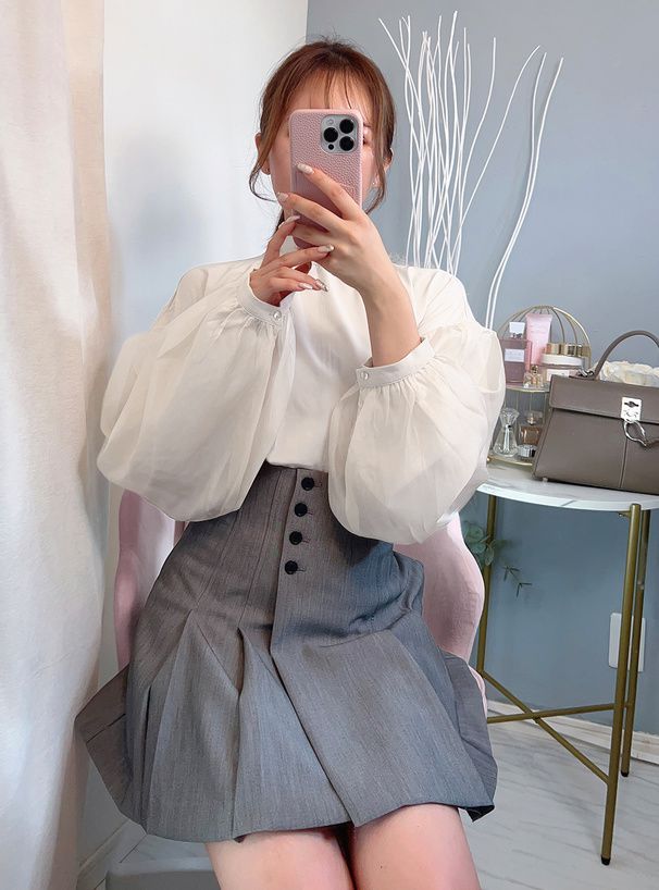 日本 GRL - 夢幻薄紗後綁帶長袖上衣-白 (F)