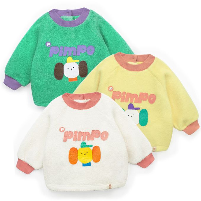 韓國Pimpollo - 圓臉插圖背釦保暖上衣-象牙色