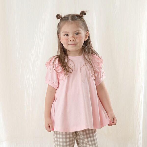 日本 Lycee mine - 肩膀荷葉傘狀長版短袖上衣-粉紅