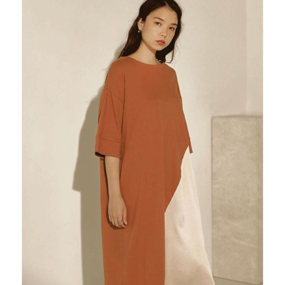 日本 Bou Jeloud - 棉質 設計感撞色七分袖洋裝-焦糖杏