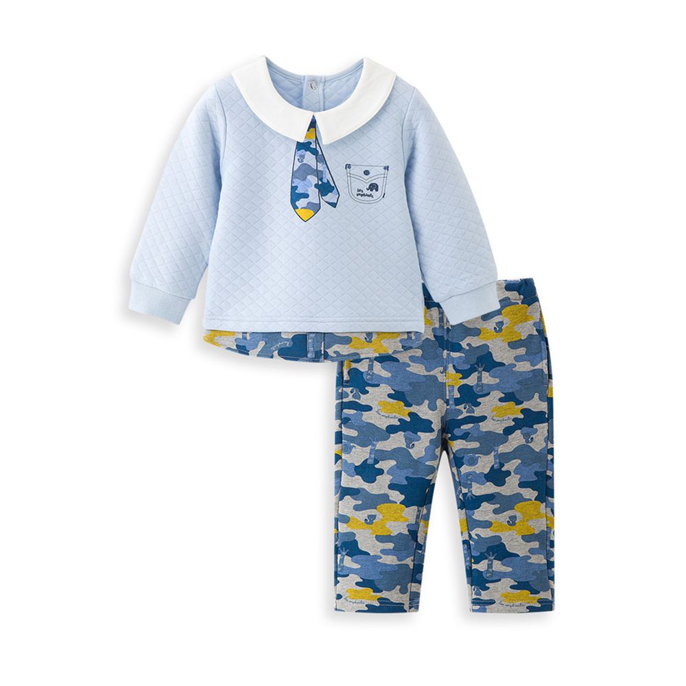 麗嬰房 - 網路獨家款 小翻領迷彩套裝-淺藍