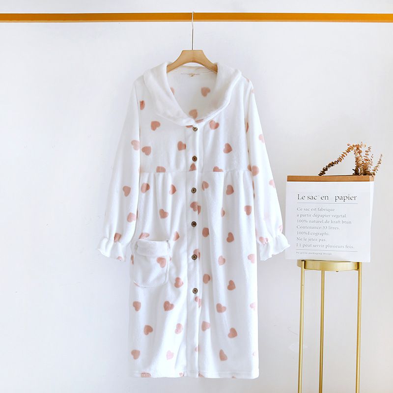 法蘭絨暖暖長袖連身睡衣-愛心-粉色