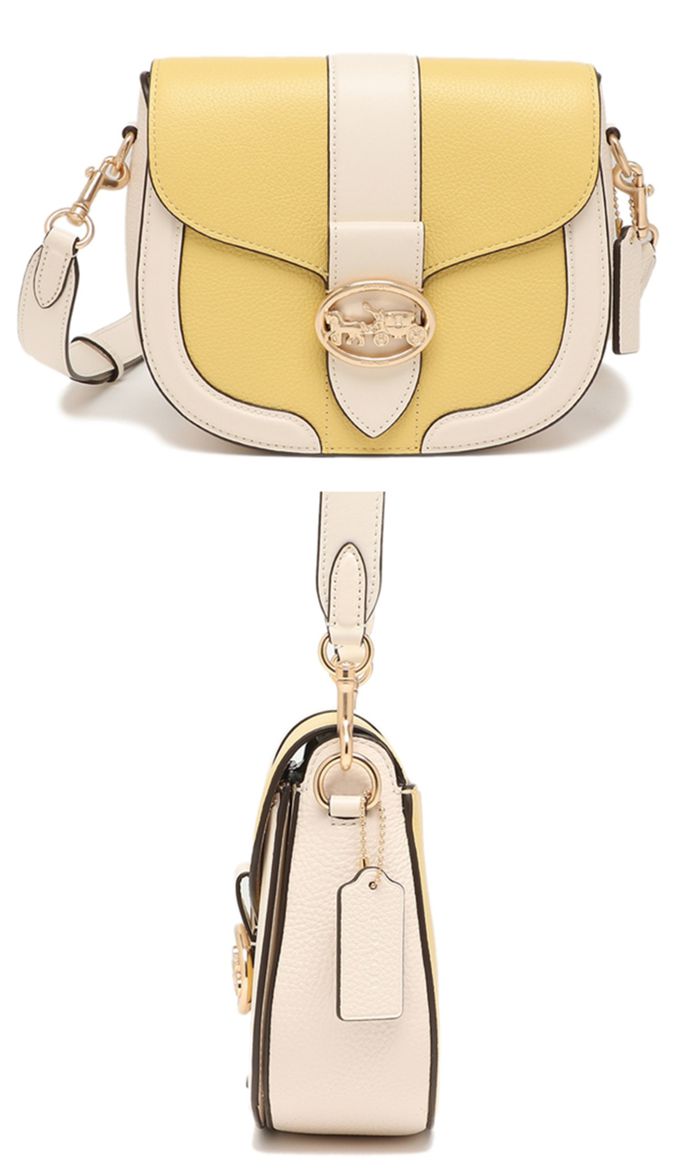 COACH - 撞色皮革翻蓋馬鞍包 (黃白)